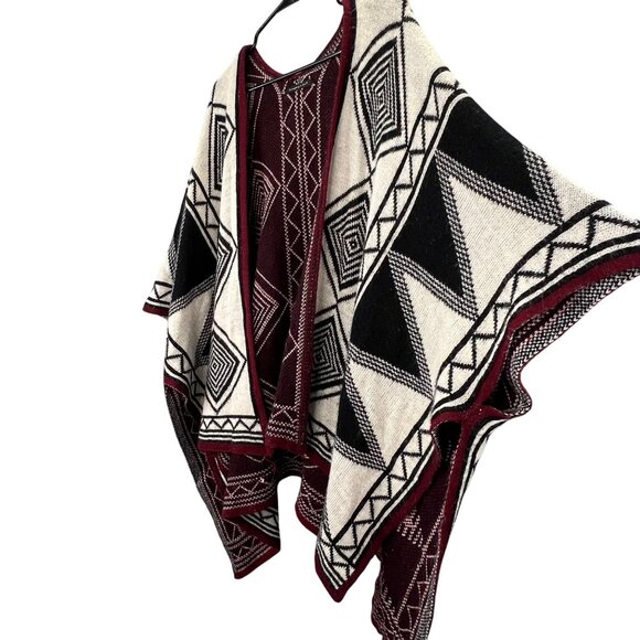Aztec Poncho Cardigan Sweater OS Kimono Burgundy Black Do Everything in Love - Picture 1 of 7